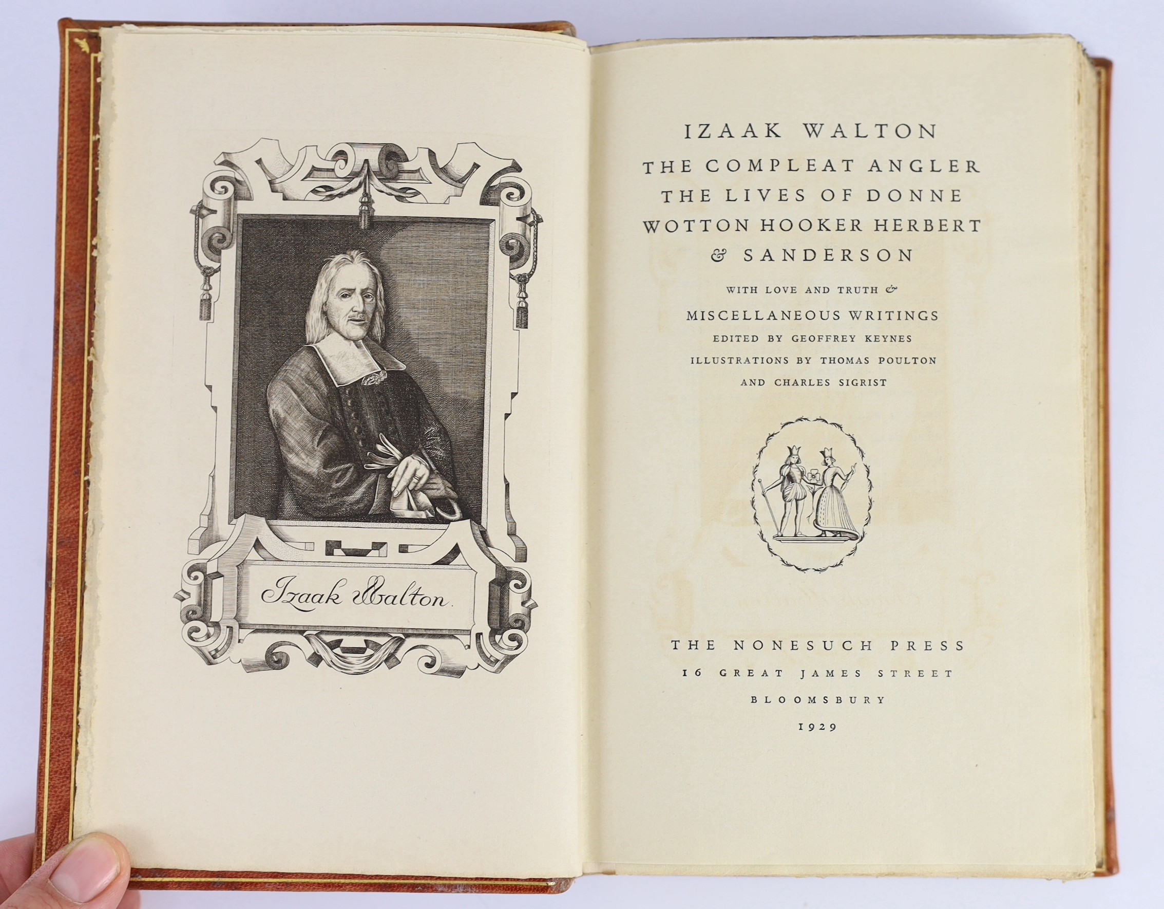 Nonesuch Press - London - Walton, Izaak - The Compleat Angler, one of 1600, 8vo, tan morocco, front board with gilt monograms ‘’I.W.’’ within an oval cartouche, 1929